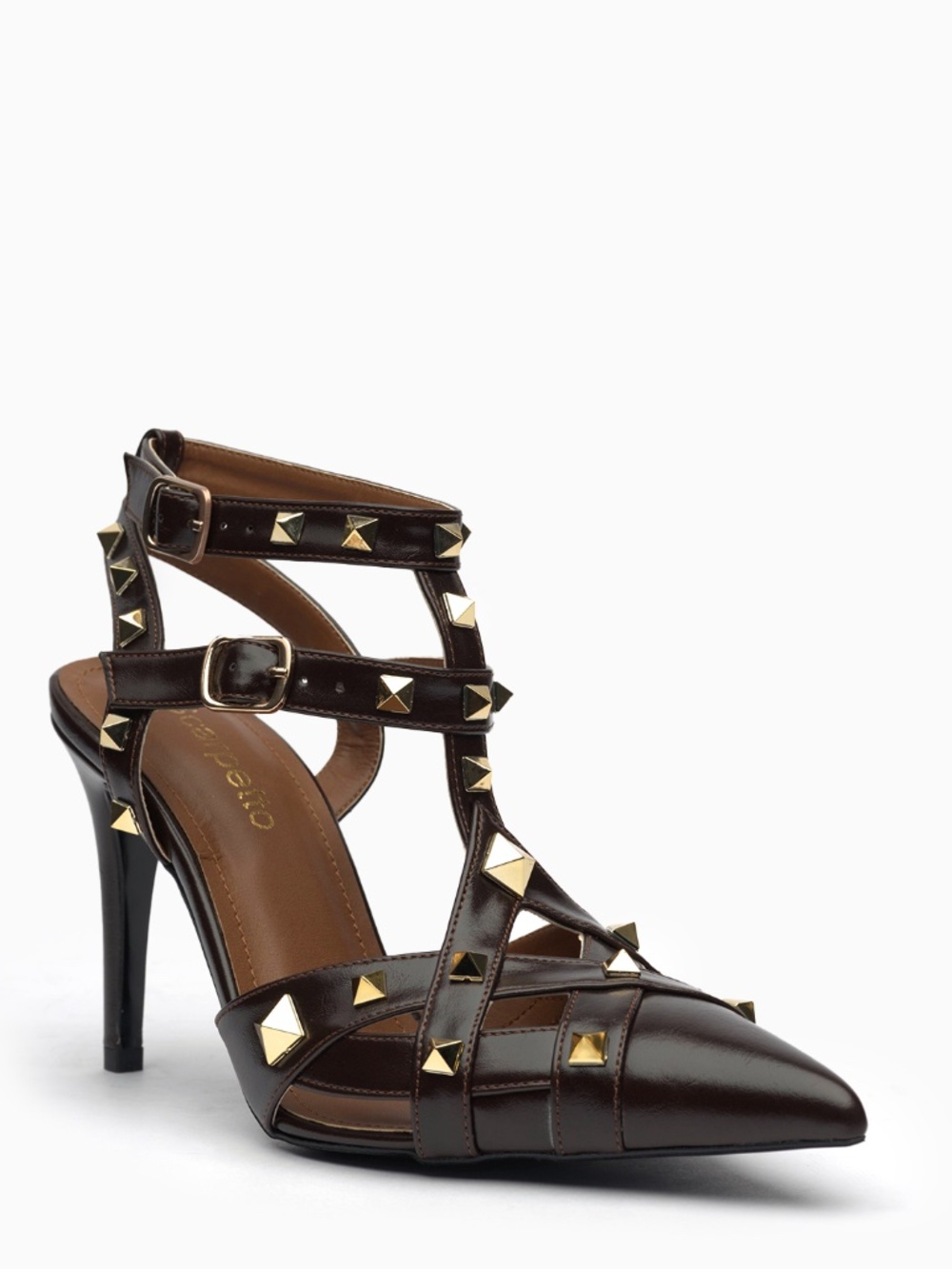 The Valentina runs a studded T-strap from toe to ankle, caging the foot in slim